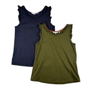 Boden Navy Blue Green Ruffle Sleeve Cotton Tank Tops Women's Size US 8 Lot of 2